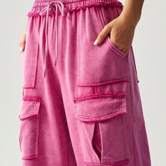 Hot Pink Casual Women's Vacation Knit Pocket Wide Leg Pants - Picture 4 of 7